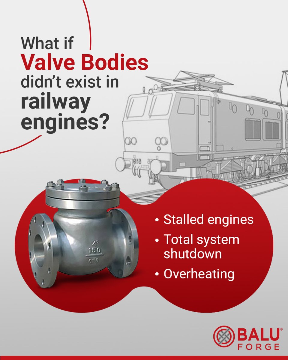 BaluForge's tweet photo. Without a valve body, railway engines risk failure. At Balu Forge, we craft precision valve bodies that ensure efficient combustion, engine cooling, and smooth railway performance. #BaluForge #ValveBody #RailwaySafety #EngineEfficiency https://t.co/nR7tblE85g