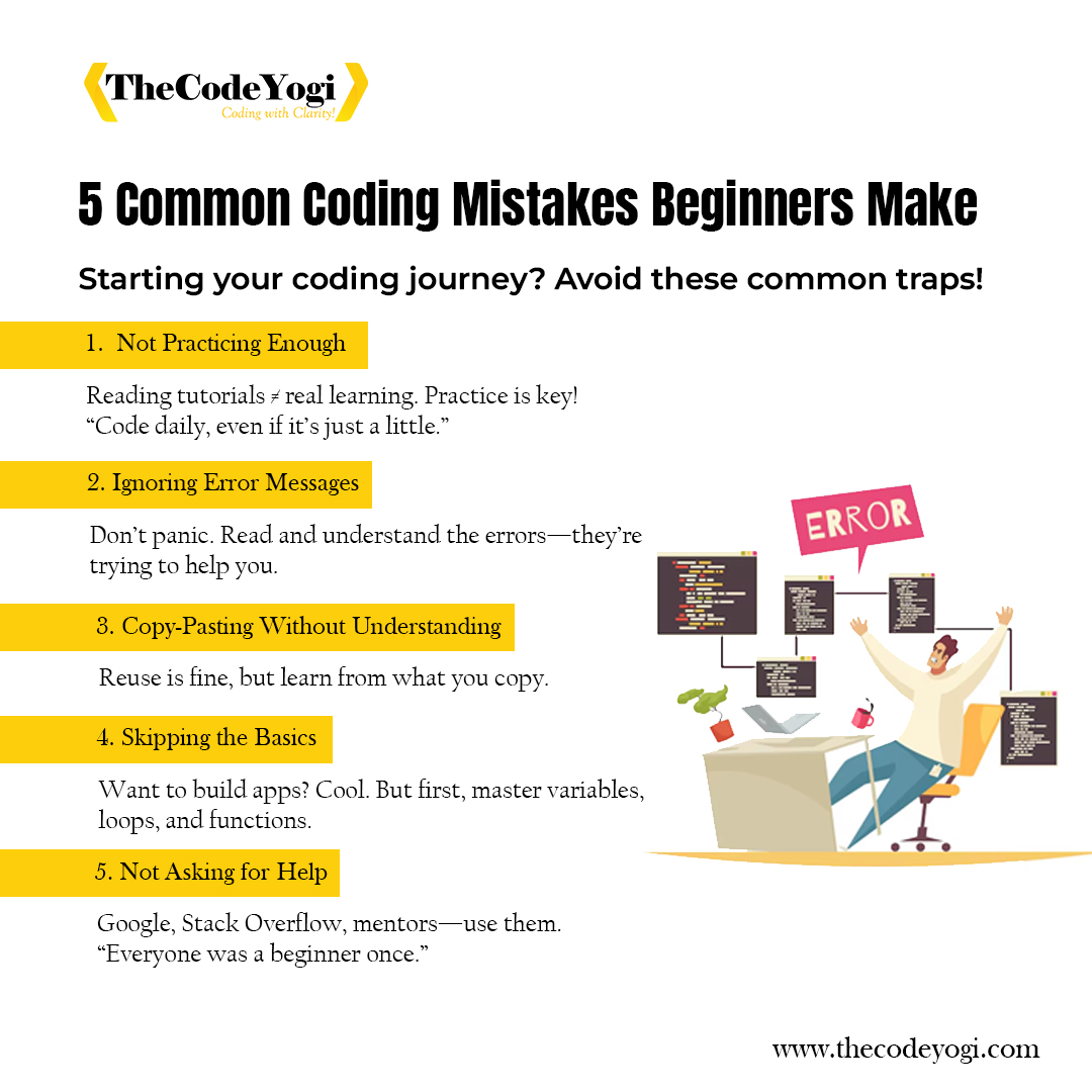 the_codeyogi's tweet image. New to coding? 💻 Don’t fall into the common traps!
From skipping basics to ignoring errors – here are the 5 rookie mistakes every beginner is bound to make. Avoid these mistakes and build better from day one.
#CodingTips #BeginnersCode #TheCodeYogi #LearnToCode #WebDevelopment