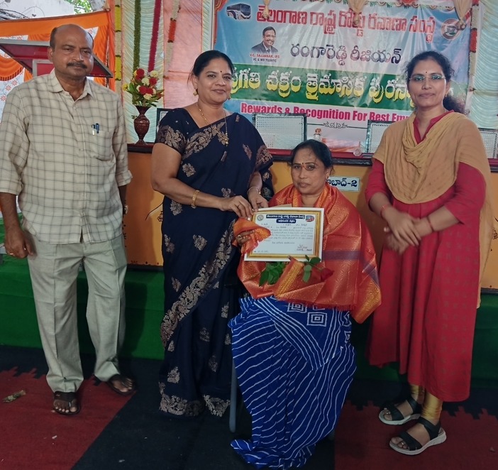 At the Pragati Chakra awards, #TGSRTC Hyderabad-2 depot employees were honored by Ms. J. Srilatha and Ms. N. Saraswathi for their exceptional contributions. Officials encouraged continued dedication to the organization's growth.