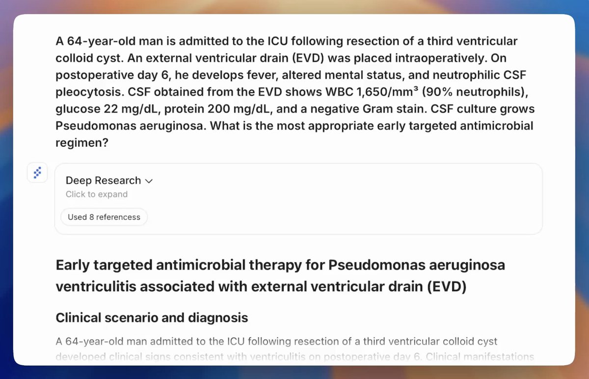 #AskPathway — What is the most appropriate early targeted antimicrobial regimen for this patient?

A. Ceftriaxone 2 g IV q12hrs
B. Meropenem 2 g IV q8hrs, plus consideration of intraventricular amikacin
C. Vancomycin IV plus ampicillin/sulbactam IV
D. Levofloxacin IV monotherapy