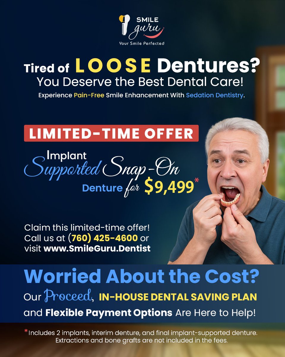 SmilesGuru's tweet image. Tired of loose dentures?
Try Implant Supported Snap-On Denture for $9,499* 😁
Pain-Free Enhancement
In-House Dental Saving Plan
Flexible Payments
📞 (760) 425-24600
🌐 smileguru.dentist
#DentalImplants #LooseDentures #SmileGuru #FreeConsultation