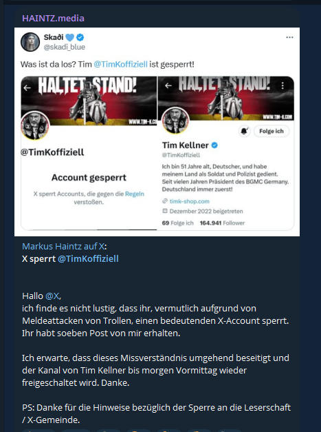 MrGunniHelm's tweet photo. Was ein #Haintz|elmann so "erwartet".😂 Den "bedeutenden" Kanal vom Hetzer und Lügner #TimK soll X wieder entsperren. Da schlackert man sicher vor Furcht vor den Klagen des Bauschaumanwaltes.😂 Nein, nein, liebe #Querdeppen und #Faschisten, ist schon gut, dass ein Fakenews- und Hetzekanal weniger existiert. Twixxer ist schon rechtslastig genug! #wirsindmehr #ichbinhier