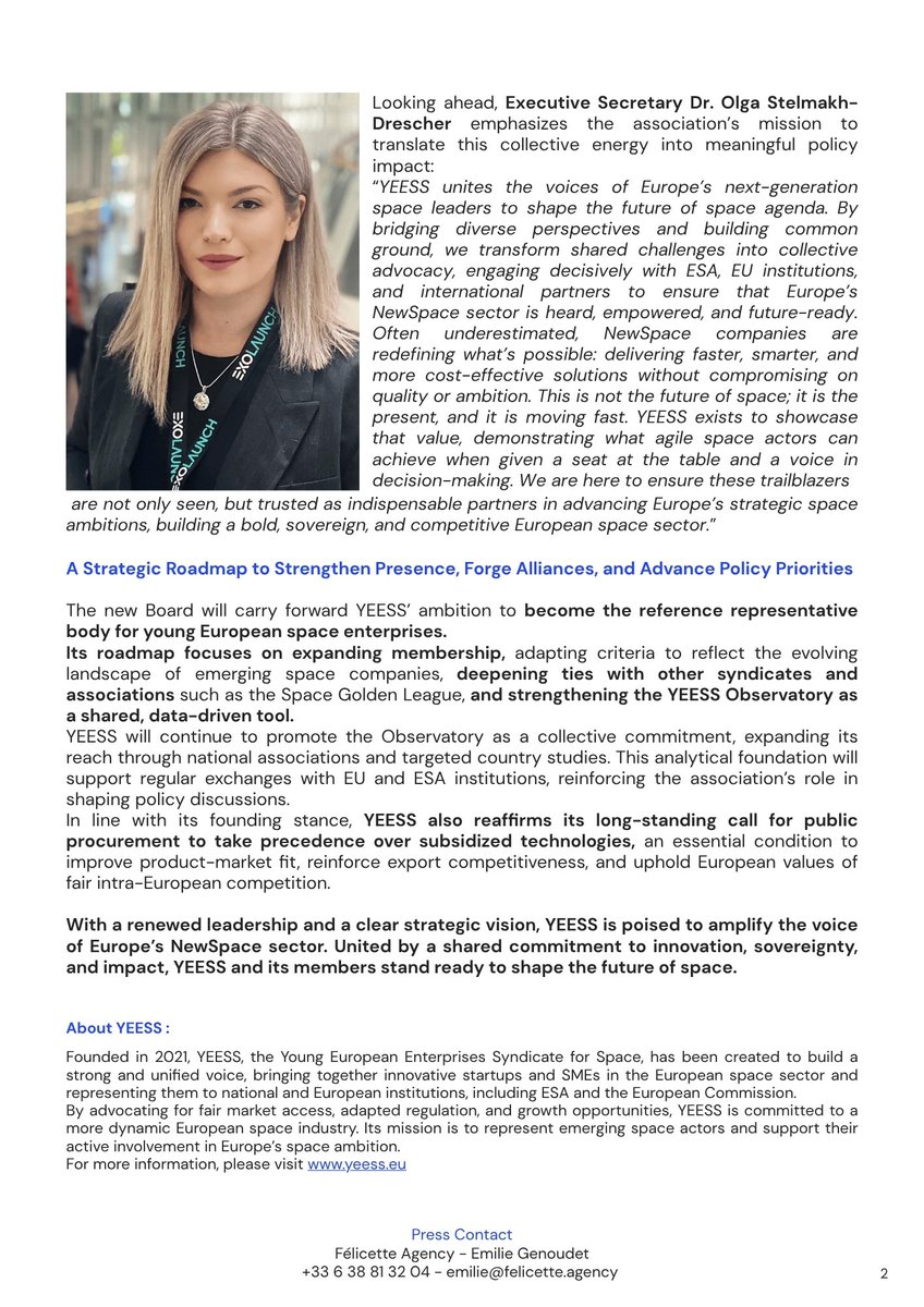 YEESS_Syndicate's tweet image. Just announced: YEESS elects a new Board and unveils a bold strategic roadmap to strengthen the voice of Europe’s emerging space companies.
New leadership, renewed ambition & a clear vision for the future of European NewSpace.
📄 Read the full press release 👇🏻
#Space4Europe