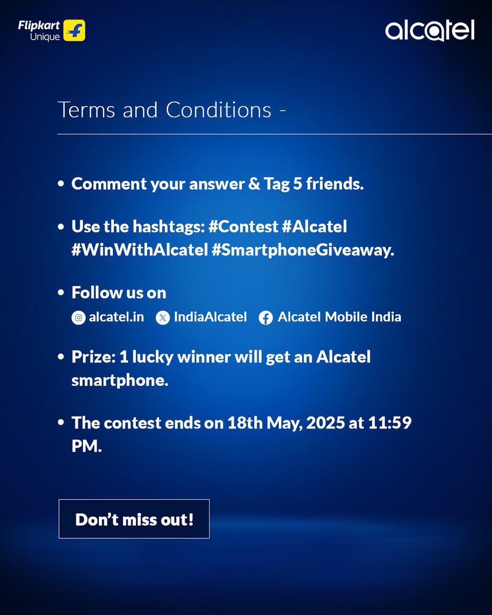 IndiaAlcatel's tweet photo. Mark your calendars!
The big launch is happening on 27th May at 12 PM – and you don’t want to miss it!

But wait… that’s not all!
The #GuessTheFeature contest is now LIVE

Drop your best guess & Stand a chance to Win an Alcatel Smartphone!

#Alcatel #WinWithAlcatel #AlcatelIndia #AlcatelMobile #Flipkart #ContestAlert #TechContest #ComingSoon #GuessAndWin #GuessTheFeature #NextGenTech #Launch