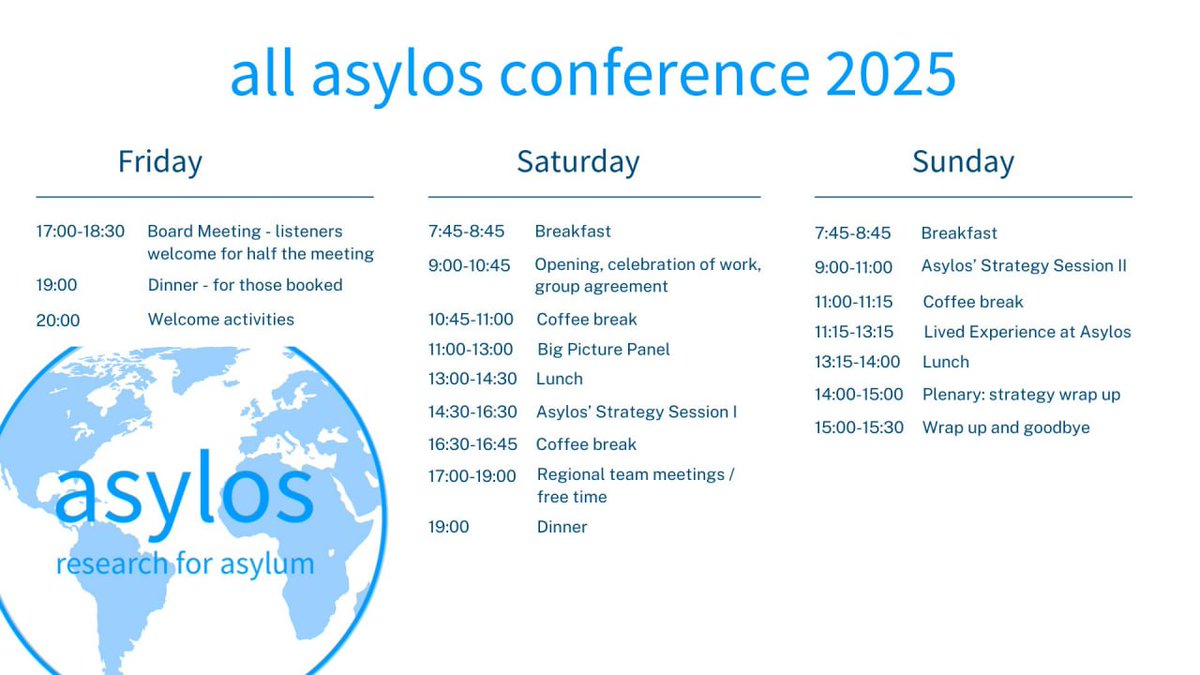 Today we are kicking off with our #AllAsylos25 conference!
We will spend three days together near Amsterdam, reflecting on the current context, building strategy and working on lived experience at Asylos. 
Looking forward to it! 🎉