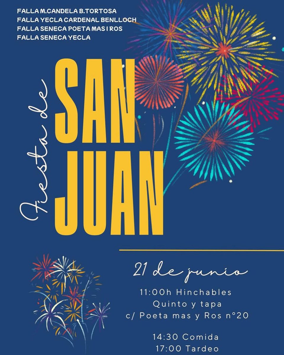 FallaYecla's tweet image. ¡¡¡¡ATENCION!!!!!!

El 21 de junio te traemos PLANAZO. Otra vez nos hemos juntado 4 fallas para hacer de este día, uno muy guay de San Juan.
En calle Poeta Más y Ros nº 20 para los hinchables y el tapeo, en la calle Poeta Más y Ros nº 12 para la comida y el tardeo.

Os esperamos
