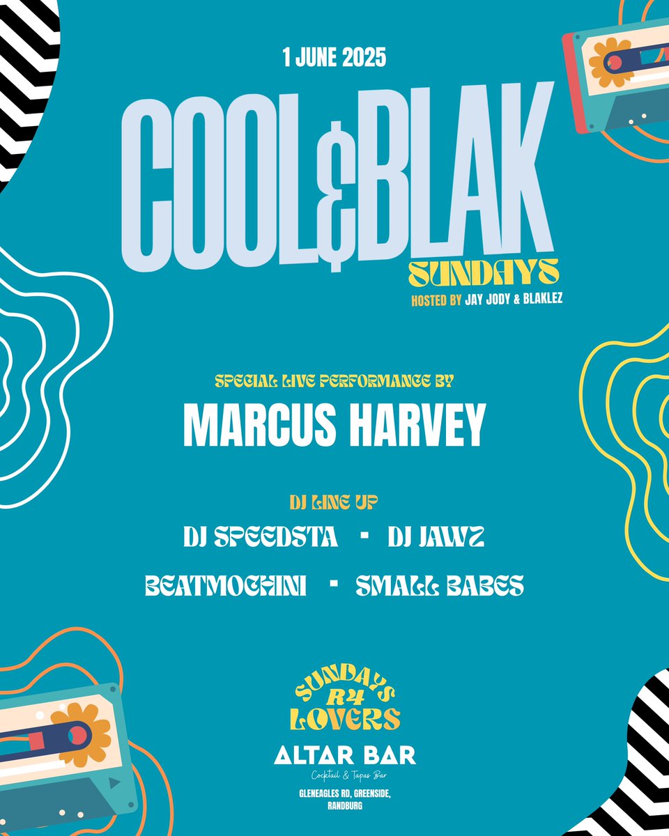 JAY JODY ⚡️ (@originaljayjody) on Twitter photo COOL&BLAK Sundays meets SUNDAYS R 4 LOVERS at Altar Bar, Greenside📍
🗓️1 JUNE 2025
⏰: 1PM - 10PM
Join us for good vibes, great people, delicious food & a memorable Experience!
Special Live Performance by <a href="/iammarcusharvey/">D o n m a r c o</a> ♓️
a Strong DJ lineup 🎧
COME FIND YOUR TRIBE
⚡️🐻 COOL&BLAK Sundays meets SUNDAYS R 4 LOVERS at Altar Bar, Greenside📍
🗓️1 JUNE 2025
⏰: 1PM - 10PM
Join us for good vibes, great people, delicious food & a memorable Experience!
Special Live Performance by <a href="/iammarcusharvey/">D o n m a r c o</a> ♓️
a Strong DJ lineup 🎧
COME FIND YOUR TRIBE
⚡️🐻