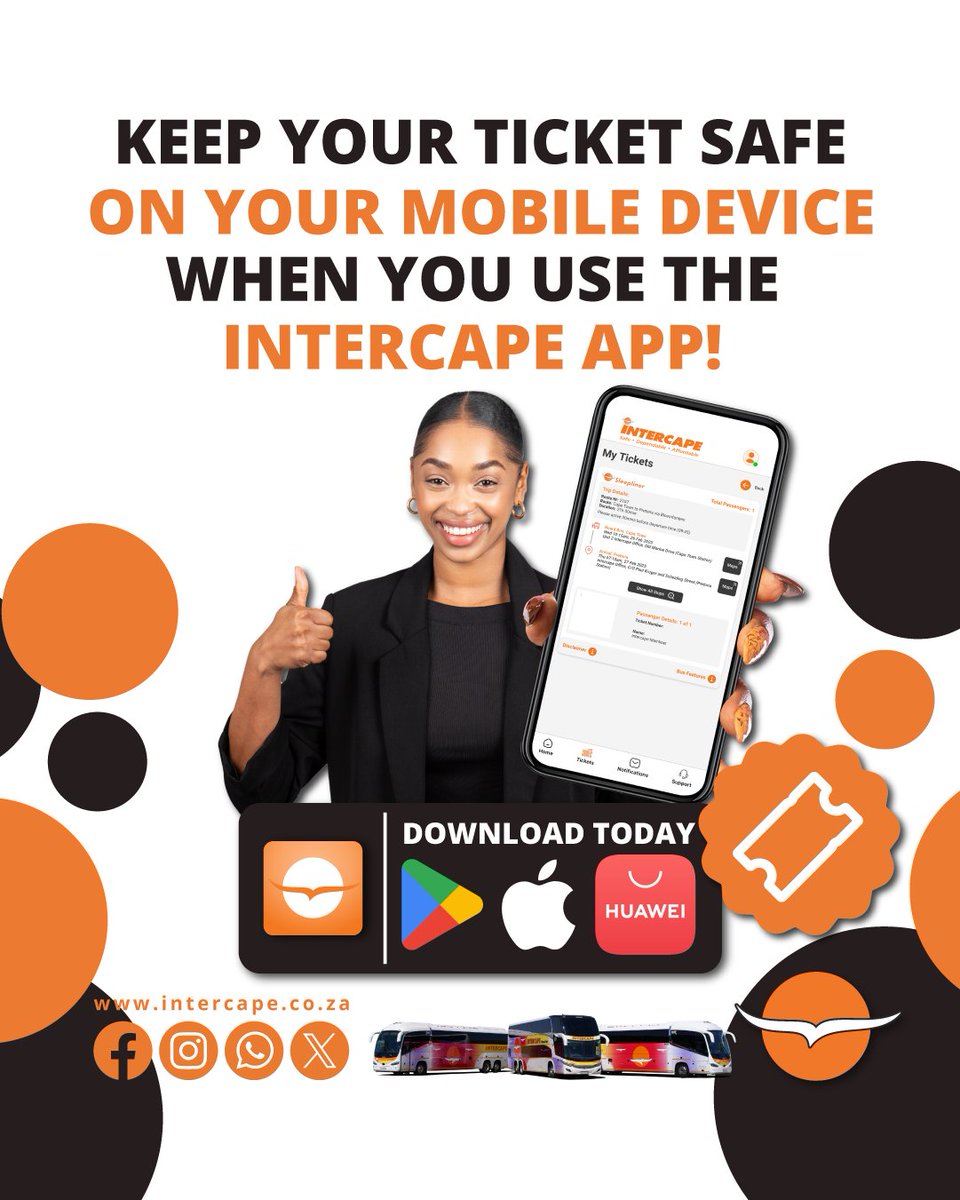 IntercapeBus's tweet image. Keep your ticket safe on your mobile device when you use the Intercape app!

Download the Intercape App TODAY at intercape.co.za/intercape-app/ , from your preferred App Store.

#Intercape #IntercapeApp #DownloadToday #BookNow #TicketSecured