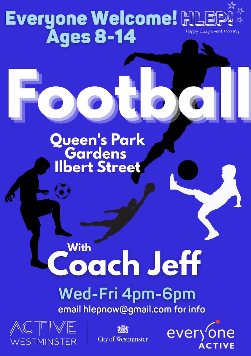 ActiveWestminster (@activewcc) on Twitter photo Football, friends & fun in Queens Park Gardens! ⚽
Join Coach Jeff for Happy Lizzy Football every Wed & Fri, 4–6pm. Ages 8–14.
📍 Queen's Park Gardens, Ilbert St
📧 hlepnow@gmail.com to book
#ActiveWestminster #YouthFootball #HappyLizzyFootball Football, friends & fun in Queens Park Gardens! ⚽
Join Coach Jeff for Happy Lizzy Football every Wed & Fri, 4–6pm. Ages 8–14.
📍 Queen's Park Gardens, Ilbert St
📧 hlepnow@gmail.com to book
#ActiveWestminster #YouthFootball #HappyLizzyFootball
