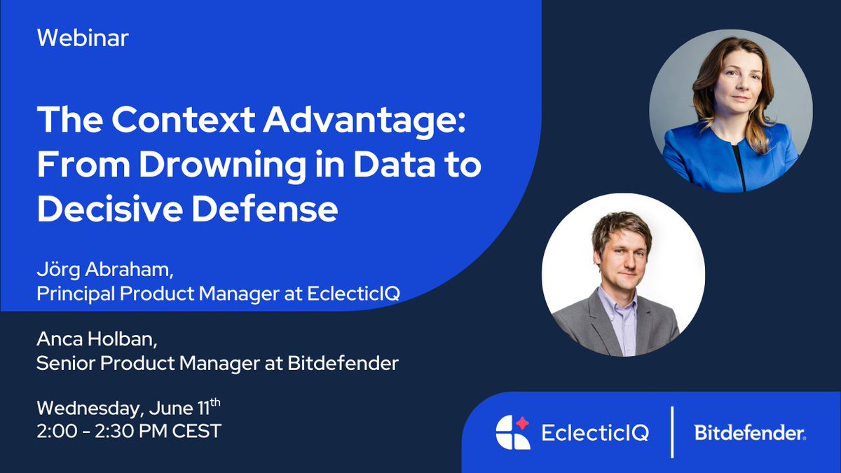 Join Jörg Abraham and Anca Holban of EclecticIQ and Bitdefender respectively for this webinar on 11th June at 2:00pm CEST, as they explore the context advantage crucial to cybersecurity program efficacy.

Register Now!
hubs.ly/Q03mJ9jf0

#threatintelligence #cybersecurity