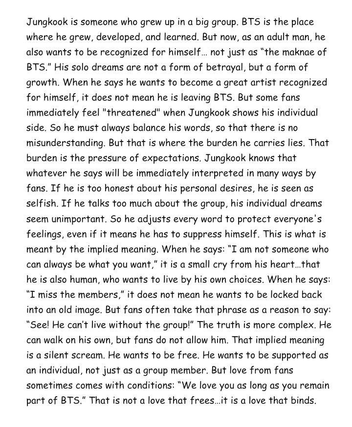 diaryiloveJK's tweet photo. I always understand the implied meaning behind everything Jungkook says, and I hope you’ll take the time to read this too... Especially jjks https://t.co/QuHATm3U9d
