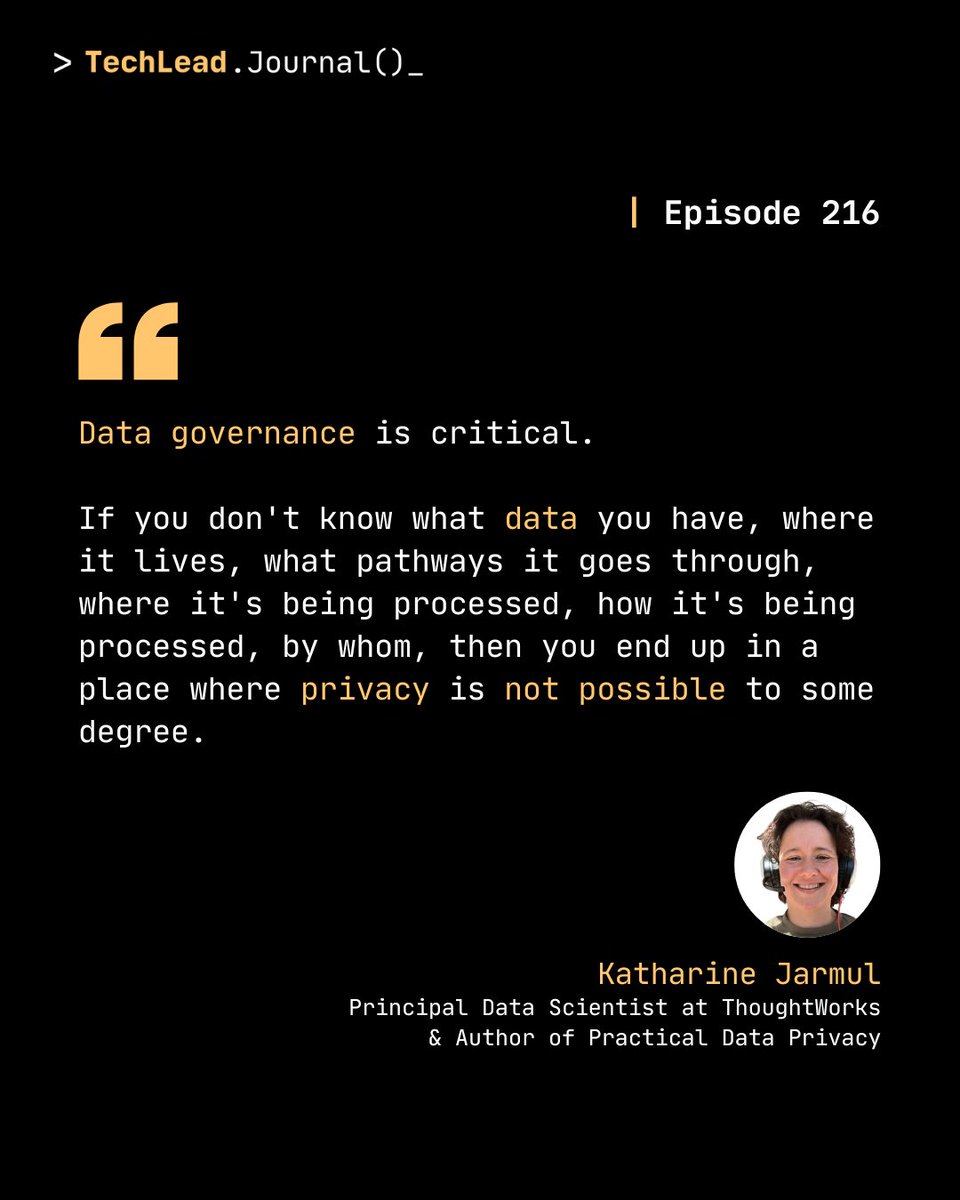 techleadjournal's tweet photo. Katharine Jarmul on TechLead Journal Ep. 216: Data governance is key. Without knowing your data’s details, privacy isn’t possible. Listen now! 

🔒 https://t.co/MADLJGEYr6

#TechLeadJournal #DataGovernance #Privacy #Tech #ThoughtWorks https://t.co/oimrikyR6R