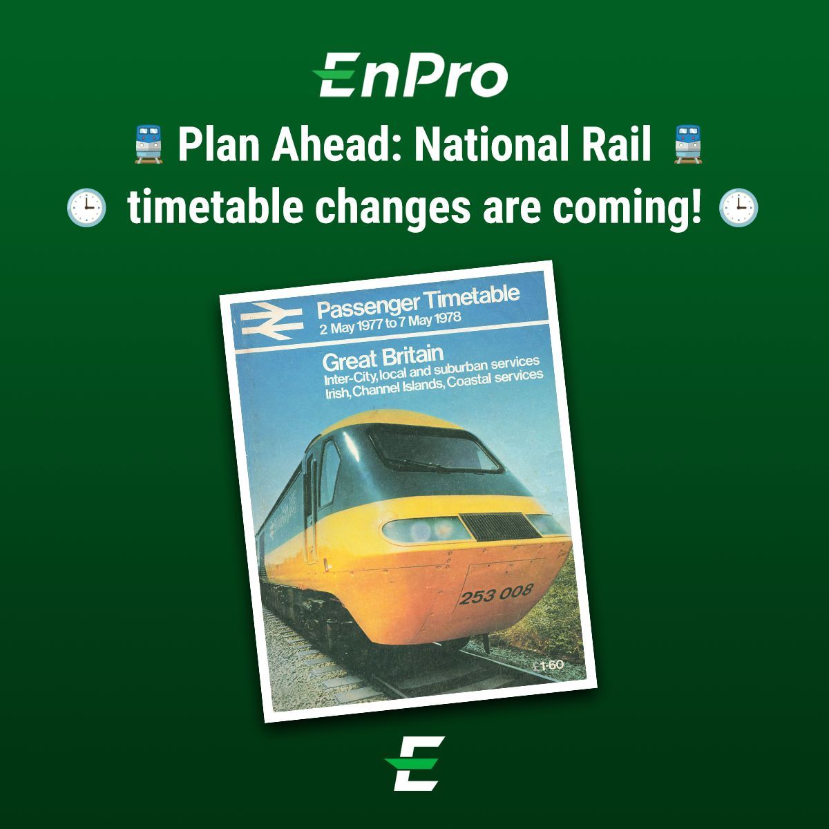 EnProGroupLtd's tweet image. 🚆🕒 With updates taking place twice a year, the current National Rail Timetable, in effect since Sun 15-Dec-24, is set to change this weekend on Sun 18-May-25.
Don't forget to check your travel plans! 📅
#NationalRail #TimetableChanges #TravelUpdates #EnProUK