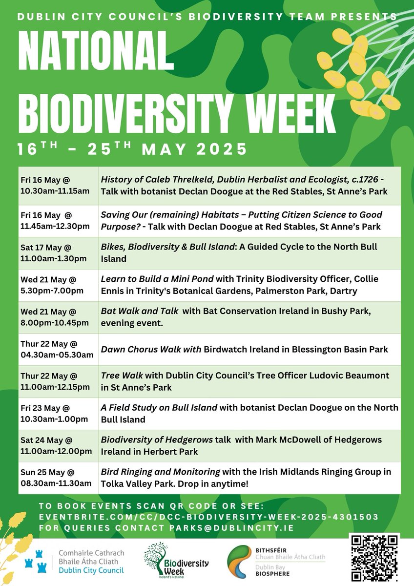 🌿 Celebrate National Biodiversity Week with Dublin City Council! 🌿

Join us from 16th–25th May 2025 for a fantastic line-up of FREE events across Dublin, including talks, guided walks, field studies, and hands-on workshops-all designed to help you connect with and protect our