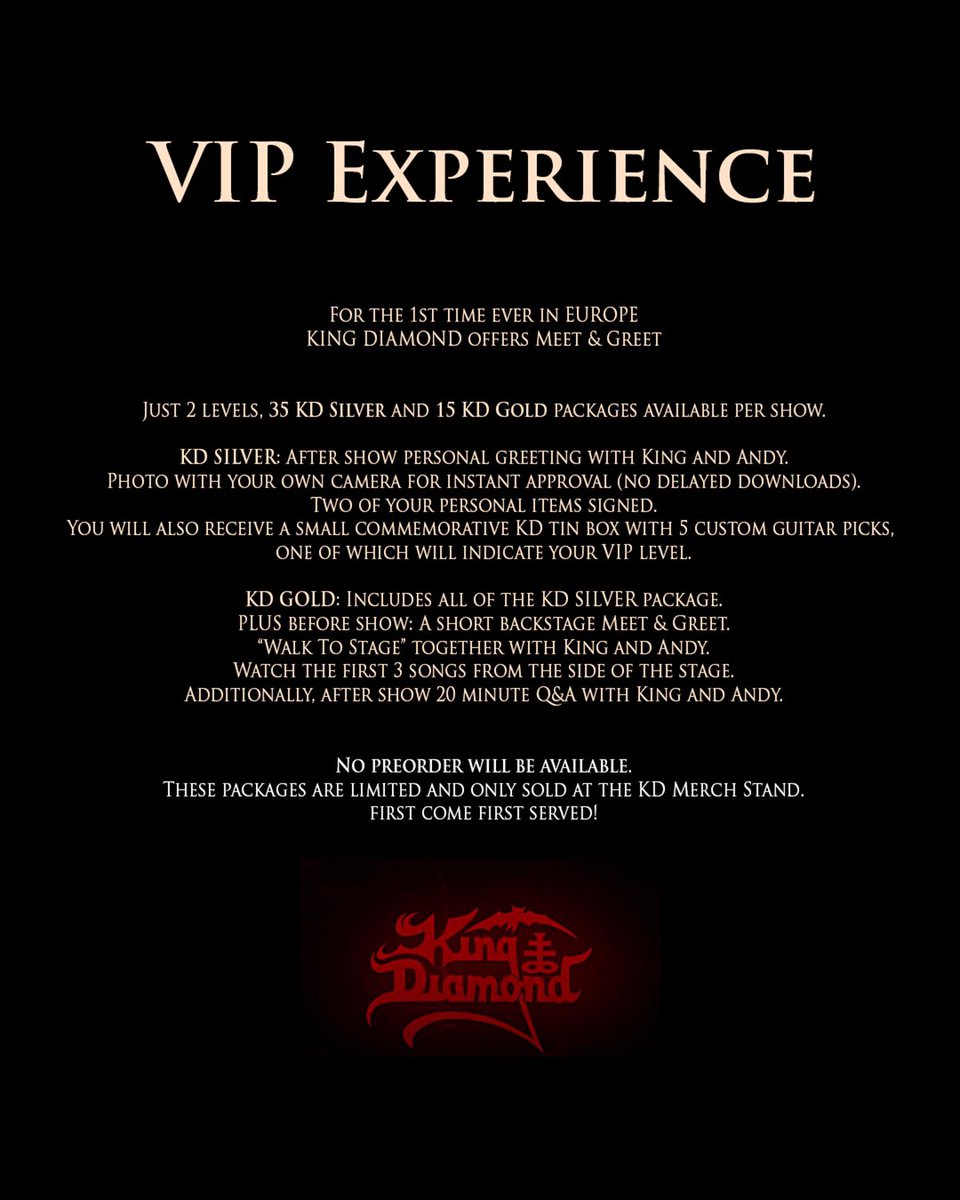 kingdiamond's tweet image. For the 1st time ever in EUROPE
KING DIAMOND offers VIP Meet & Greet. These packages are limited and only sold at the KD Merch Stand, so first come first served!
kingdiamondcoven.com/tour