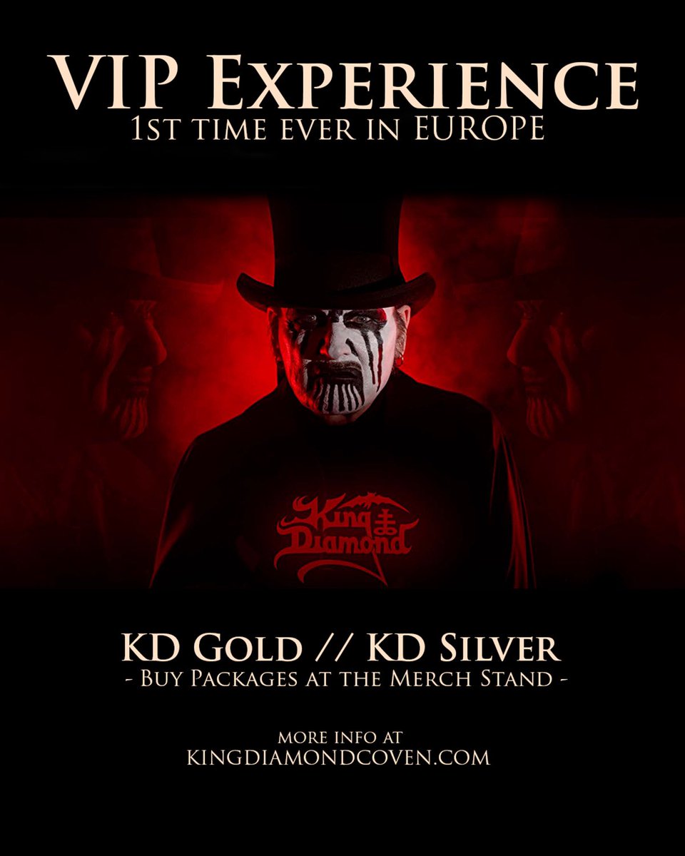 kingdiamond's tweet image. For the 1st time ever in EUROPE
KING DIAMOND offers VIP Meet & Greet. These packages are limited and only sold at the KD Merch Stand, so first come first served!
kingdiamondcoven.com/tour