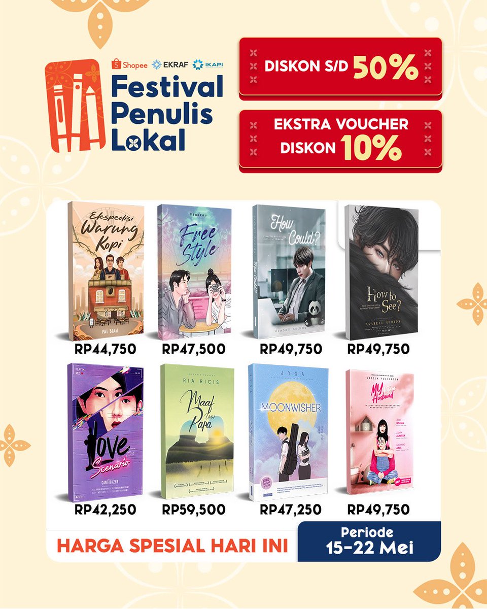Untuk mendukung penulis Lokal dari serangan Bajakan. Shopee mengadakan promo untuk buku Original‼️

Harganya menarikkk sekaliii😘
Cuma sampai 31 Mei ajaaaa gas langsung🎯

Part 1 shopee.co.id/product/869594…

Part 2 shopee.co.id/product/869594…