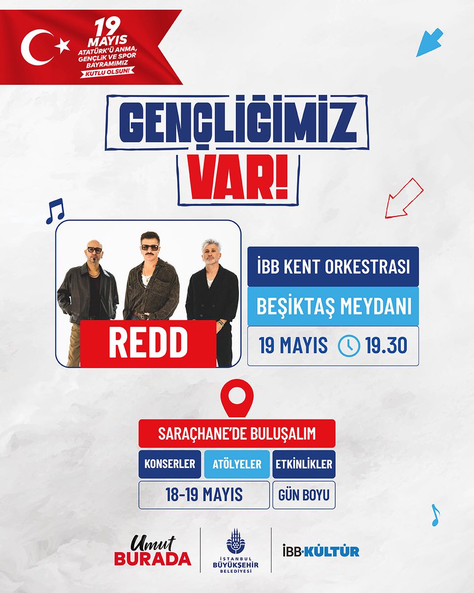 19 Mayıs’ı Beşiktaş’ta ve Saraçhane’de etkinliklerle kutluyoruz.
Tüm İstanbulluları bekliyoruz!

📅 19 Mayıs
📌 Beşiktaş Meydanı

* İBB Kent Orkestrası
* Redd

📅 18-19 Mayıs
📌 Saraçhane

* Konserler
* Atölyeler
* Etkinlikler