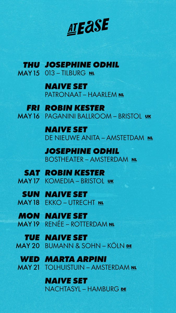 Hello from Brighton. Two <a href="/robinkester_/">Robin Kester</a> shows at The Great Escape this weekend, <a href="/JosephineOdhil/">Josephine Odhil</a> is supporting Jungle by Night, while <a href="/marta_arpini/">Marta Arpini</a> is supporting Johnnyswim. Naive Set are playing all over the place this week!