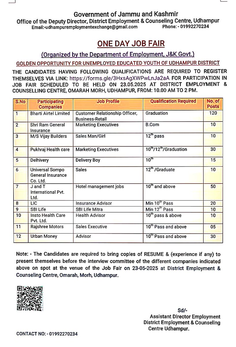 dioudhampur's tweet photo. #ProgressiveJK
DE&CC Udhampur is organizing One Day Job Fair on 23-05-2025 (10AM- 2PM). Interested candidates can register themselves via link https://t.co/ZddLEiECuW
& bring their resume & experience certificate at DE&CC Omara Morh, Udhampur for Interview. https://t.co/hWtRNJkOeN