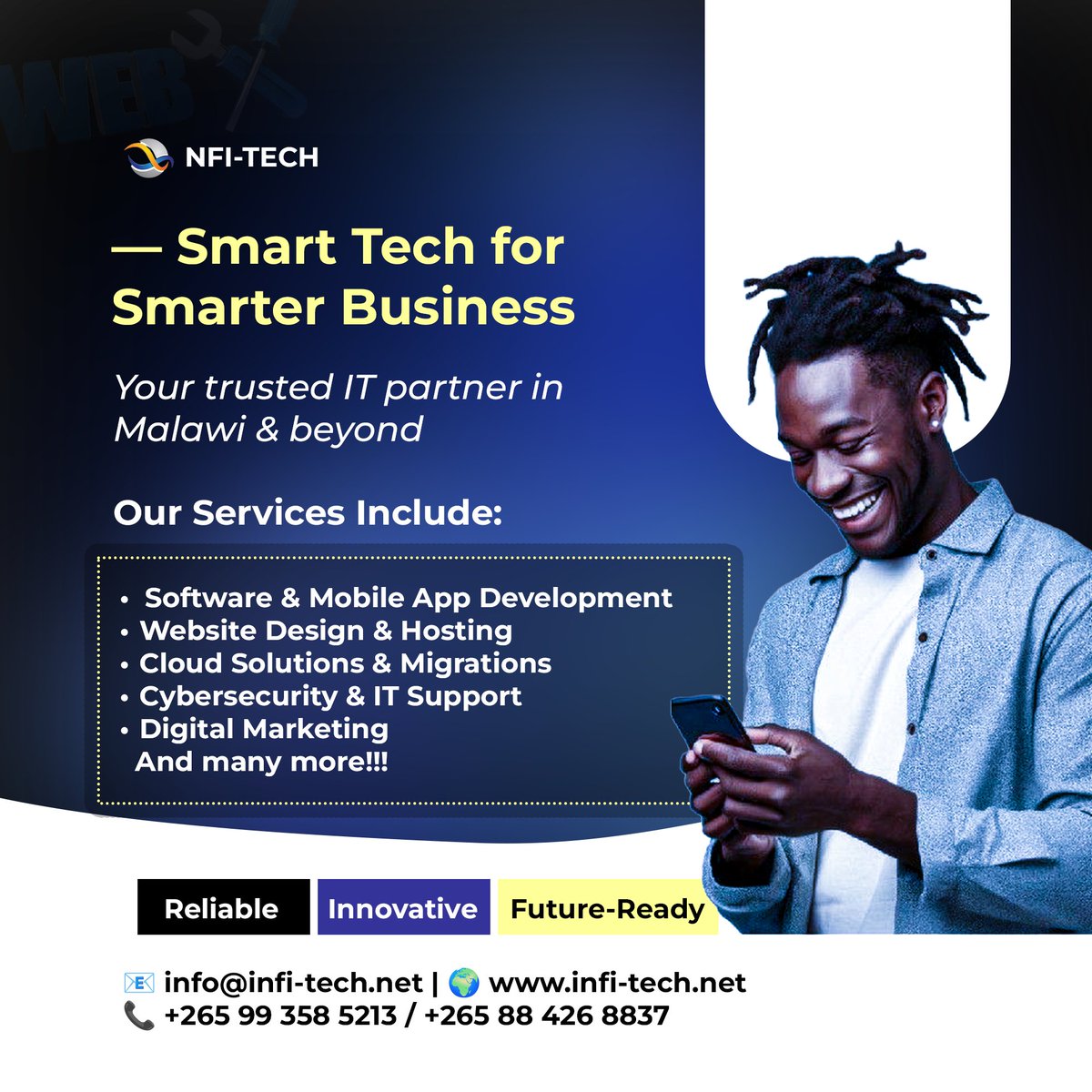infitechmw's tweet image. INFI-TECH – Your trusted IT partner in Malawi &amp;amp; beyond.
✅ Reliable | Innovative | Future-Ready

📩 info@infi-tech.net | infi-tech.net
📞 +265 99 358 5213
#InfiTech #SmartTech #DigitalSolutions #MalawiTech #CloudSolutions #Cybersecurity #MobileAppDevelopment #WebDesign