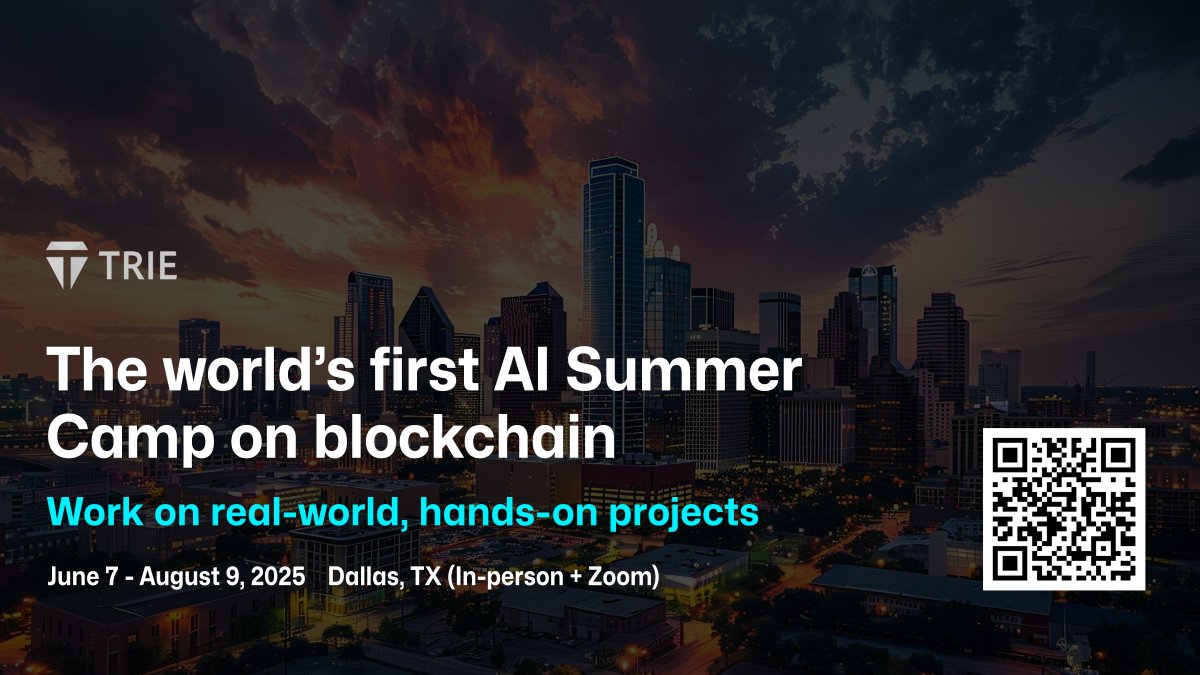 TrieNetwork's tweet photo. Dallas AI Summer Program 2025
Applications Open!

The  world's first AI Summer Camp where models, data and infra are all  hosted on blockchain network, where future builders learn, collaborate,  and innovate at the edge of AI and Web3. Learn to build verifiable  models, tokenized datasets, and intelligent agents with global mentors,  hands-on projects, and a collaborative community redefining the future  of AI.

June 7 - August 9, 2025
Dallas, TX (In-person + Zoom)

Program Schedule
Kickoff:June 7th, 2025 (In-person)
Sessions:June 14th – August 2nd (In-person + Zoom)
Showcase:August 9th, 2025 (In-person)