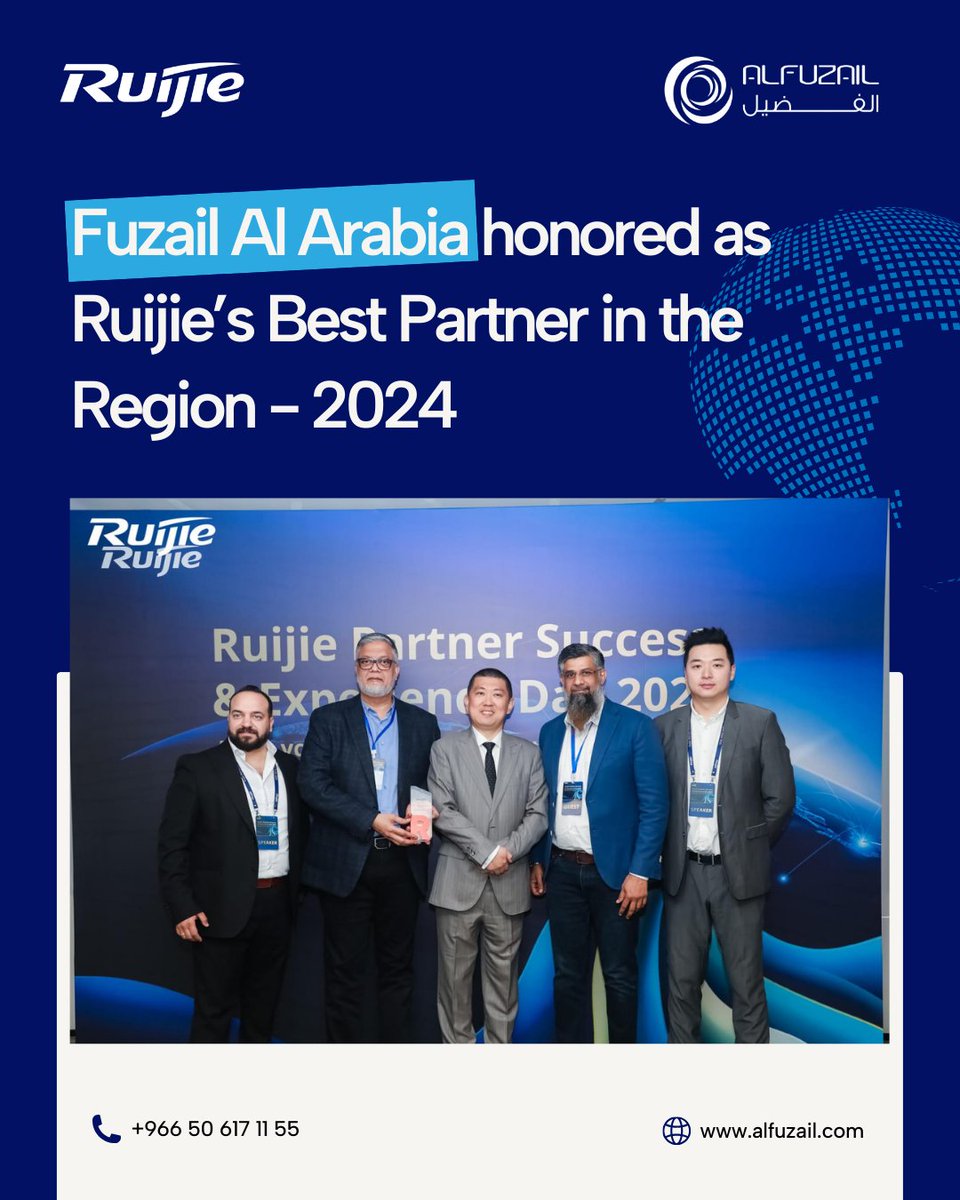 fuzailalarabia's tweet photo. Fuzail Al Arabia honored as Ruijie’s Best Partner in the Region 2024!

Proud of our strong partnership, innovation, and shared success. Thank you Ruijie Networks 🙌 We look forward to more milestones ahead.

#RuijieNetwork #FuzailAlArabia #Vision2030 #KSA https://t.co/cOApCPRe0u