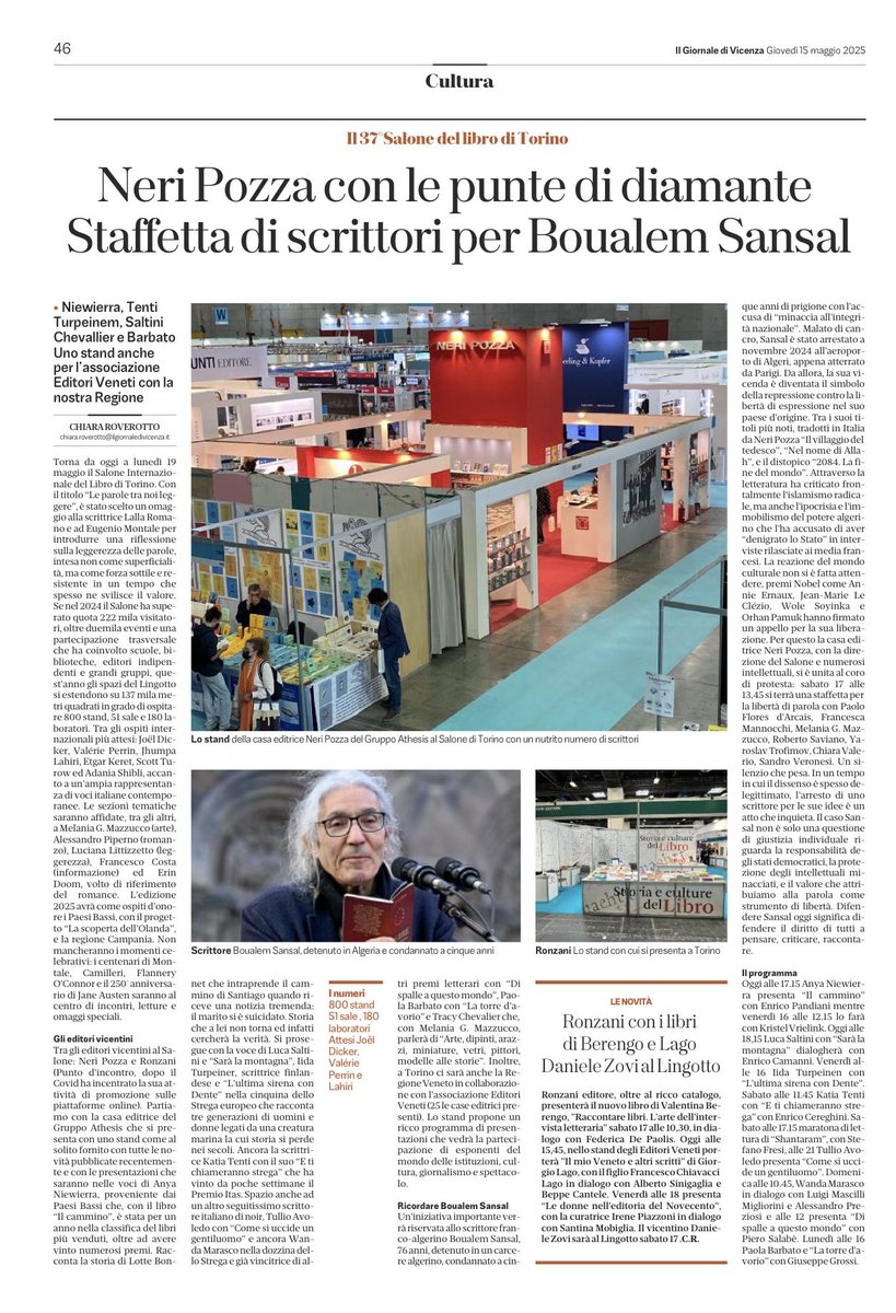 ⁦<a href="/GiornaleVicenza/">Il Giornale di Vicenza</a>⁩ ⁦<a href="/NeriPozza/">Neri Pozza</a>⁩ ⁦<a href="/SalonedelLibro/">Salone Libro Torino</a>⁩ Non si poteva dimenticare lo scrittore franco-algerino in carcere ad Algeri pubblicato in Italia da Neri Pozza. Per lui oltre agli appelli di Premi Nobel una staffetta di lettura.