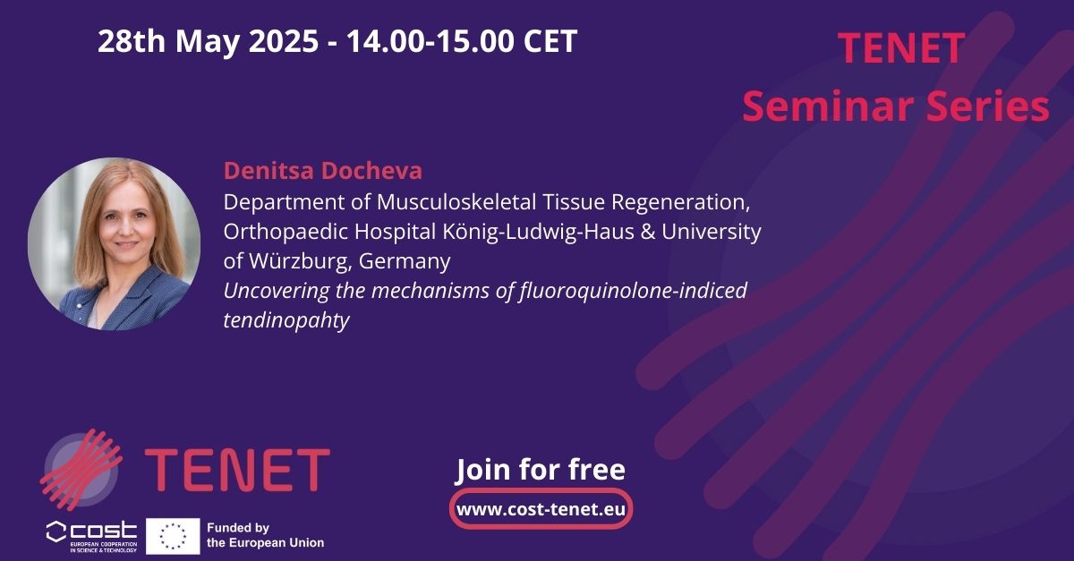 Remember to join us next week for our 5th TENET seminar! 💫 
May 28th! 14.00-15.00 CET

🌐 Access the Webinar: bit.ly/43CPNB2 

🎯 Don’t miss this opportunity to explore innovative research and network with professionals in the field.

#webinar #tendon #ligament #network