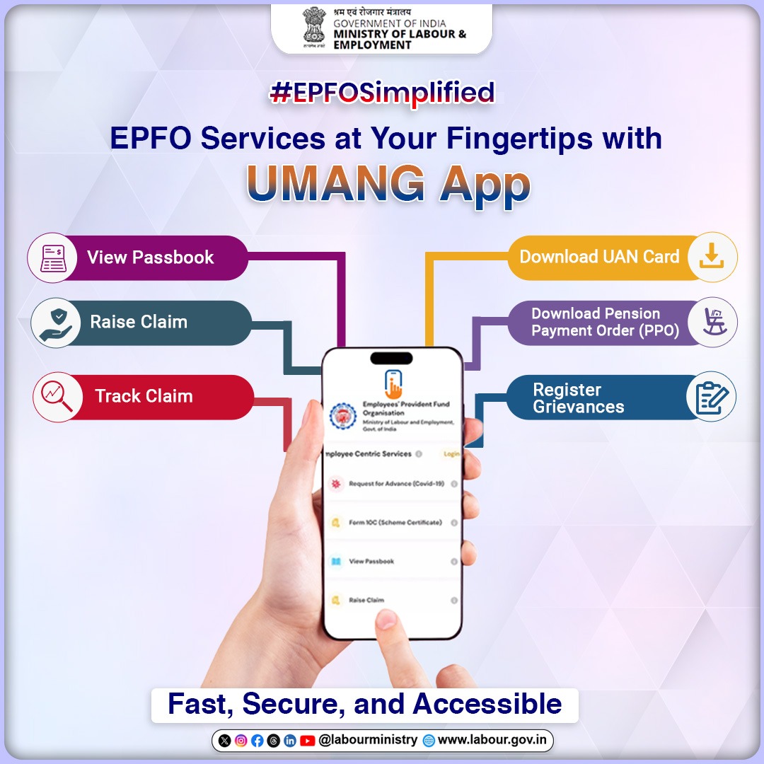 LabourMinistry's tweet image. EPFO Services in One App: UMANG📲

View your passbook, raise and track claims, download your UAN Card &amp;amp; PPO, and even register grievances—all with ease.

Stay connected and organized effortlessly!

#EPFOSimplified
#DigiLocker 
#LabourMinistryIndia
#MoLE
