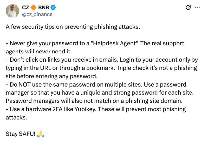 cryptowalax's tweet image. BREAKING NEWS: #CZ shares vital tips to dodge phishing attacks! Never share #passwords, avoid #email links, use unique passwords, and enable #2FA. Stay #SAFU!  #CryptoSecurity #Bitcoin #Binance  
CZ, #Binance’s former CEO, offers key advice to protect crypto users from phishing…