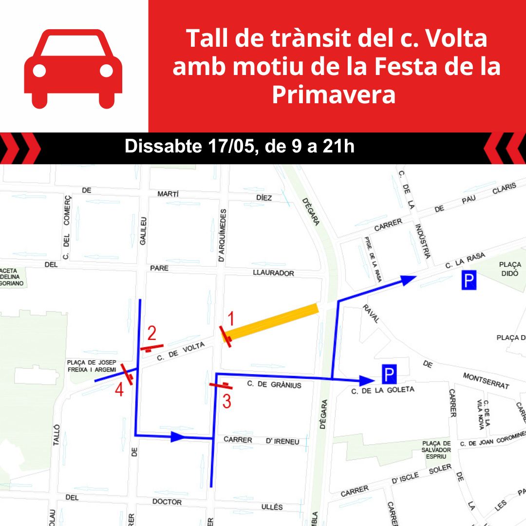 Ajuntament de Terrassa (@ajterrassa) on Twitter photo Demà els comerciants <a href="/canaurellCAT/">Ca N'Aurell</a> ens conviden a la seva segona Festa de la Primavera, Volta X Volta 🤩🥳
Per aquest motiu de les 9 a les 21h, el c. Volta estarà tallat al transit des de la Rambla al c. Arquimedes.
Consulteu recorreguts alternatius
👇👇
terrassa.cat/transit Demà els comerciants <a href="/canaurellCAT/">Ca N'Aurell</a> ens conviden a la seva segona Festa de la Primavera, Volta X Volta 🤩🥳
Per aquest motiu de les 9 a les 21h, el c. Volta estarà tallat al transit des de la Rambla al c. Arquimedes.
Consulteu recorreguts alternatius
👇👇
terrassa.cat/transit