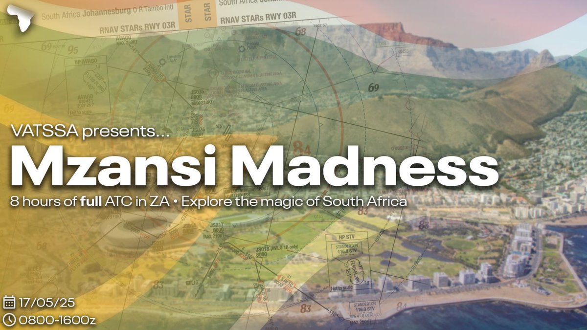 vatsim's tweet photo. Just 24 hours to go until Mzansi Madness! 🇿🇦
Join us Sat, May 17 from 0800z–1600z for 8 hours of full ATC across South Africa!
Fly long hauls or local hops into Jo'burg, Cape Town &amp; Durban.
📸 Scenic views guaranteed—bring your A-game and your screenshots!
#VATSIM #MzansiMadness https://t.co/77z0TnSRnx