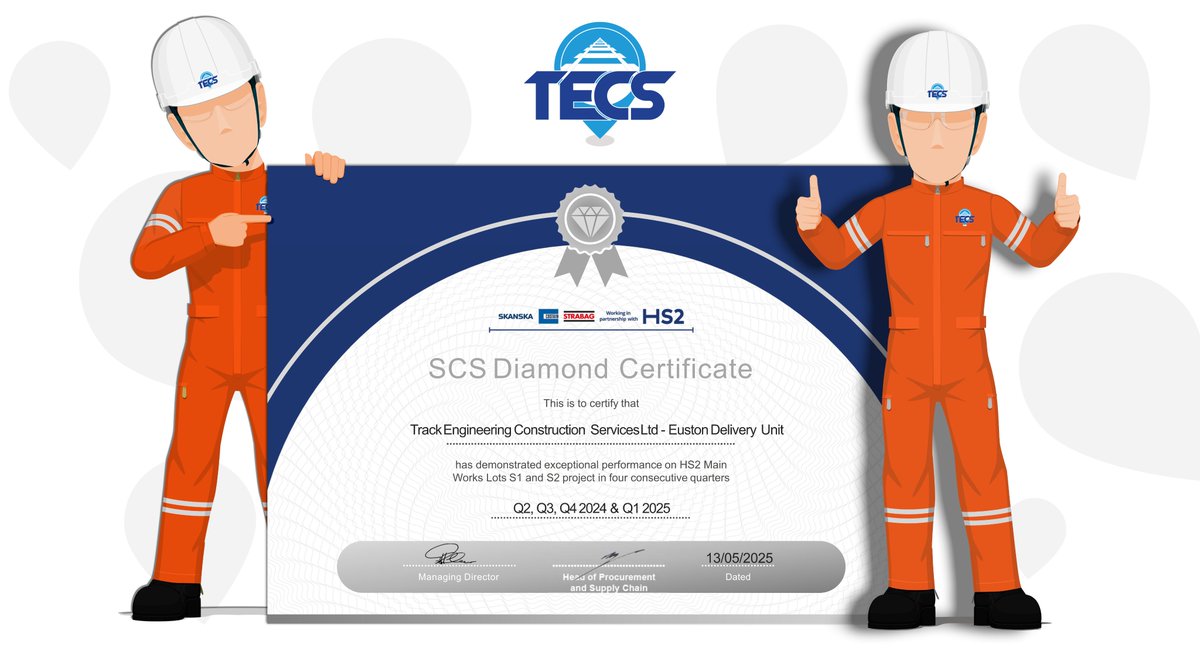 We are thrilled to announce that TECS has been awarded the prestigious SCS Diamond Certificate for excellence in HS2 projects!

Read the full article:
tecsltd.co.uk/post/tecs-shin…