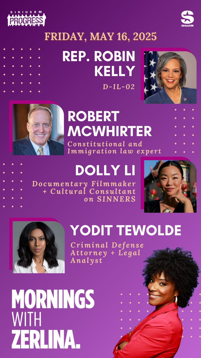 ZerlinaMornings.bsky.social (@zerlinamornings) on Twitter photo Happy Friday! Joining Zerlina: <a href="/RepRobinKelly/">Robin Kelly</a> of IL-02, Constitutional Law Expert Robert McWhirter, Criminal Defense Attorney <a href="/yodittewolde/">Yodit Tewolde</a> + Documentary filmmaker & Cultural Consultant on
@SinnersFilm <a href="/dollyli/">dolly li π ζ佩ε¨</a>!
βοΈ 866-997-4748
π» <a href="/SiriusXMProg/">SiriusXMProg.bsky.social</a> Ch. 127
siriusxm.us/Zerlina Happy Friday! Joining Zerlina: <a href="/RepRobinKelly/">Robin Kelly</a> of IL-02, Constitutional Law Expert Robert McWhirter, Criminal Defense Attorney <a href="/yodittewolde/">Yodit Tewolde</a> + Documentary filmmaker & Cultural Consultant on
@SinnersFilm <a href="/dollyli/">dolly li π ζ佩ε¨</a>!
βοΈ 866-997-4748
π» <a href="/SiriusXMProg/">SiriusXMProg.bsky.social</a> Ch. 127
siriusxm.us/Zerlina
