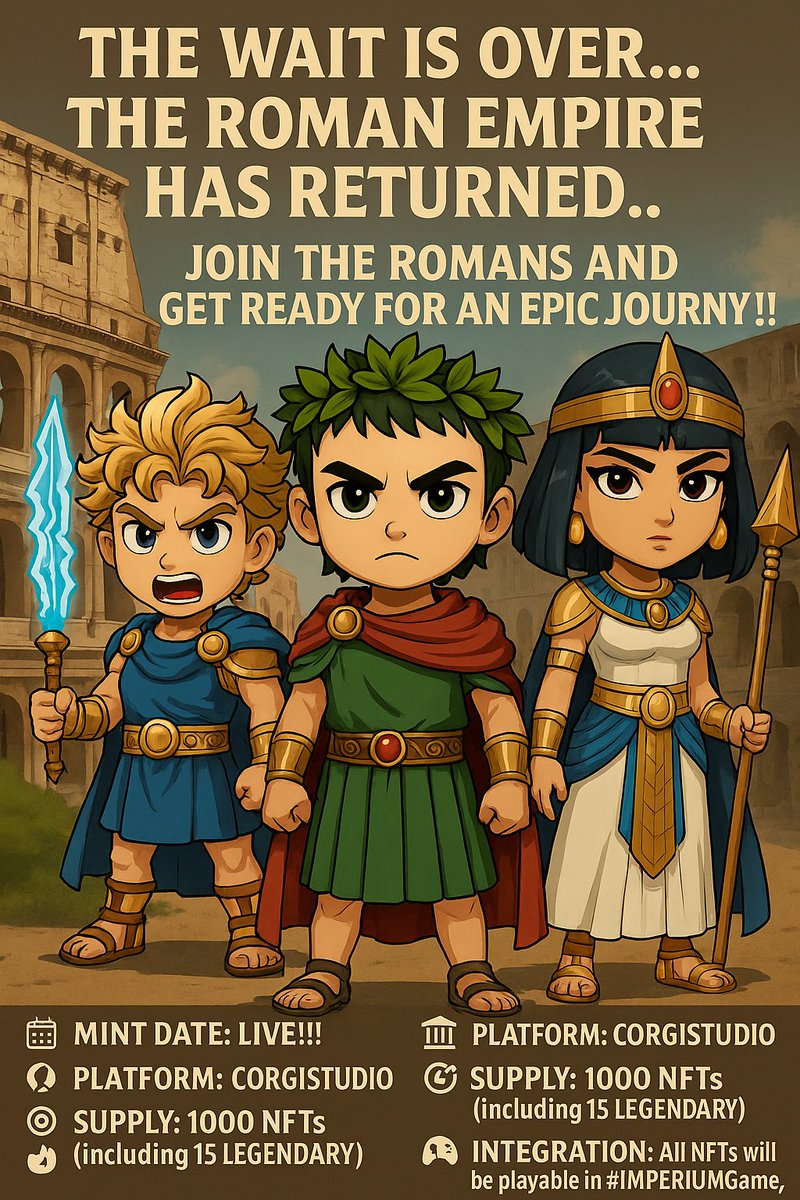 GM #CROFam ⚔️ THE TIME HAS FINALLY COME!

Today marks the beginning of the mint for our first official NFT collection:

 🎖️ IMPERIUM – LEGION I 🎖️
⚡️ 3 FOR 2 PROMO ACTIVE FROM MINT START!!!
 😍 Buy 3 NFTs and we’ll refund you 1!!!
📅 MINT DATE: May 16, 2025 – 14:00 UTC
 🏛️