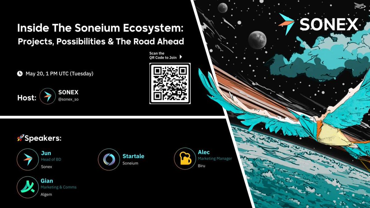 sonex_so's tweet photo. 🎙 Wanna learn what's cooking at @soneium? Then join us for this exciting session, hosted by @sonex_so with the participation of @StartaleGroup, @Biru_gg and @Algem_io.

🎯 Set your reminder for May 20 at 1 PM UTC now: https://t.co/nykSeY367j https://t.co/uwhYlOKkEK