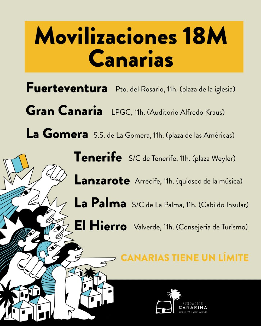 Desde la Fundación Canarina respaldamos esta demanda social y animamos a la ciudadanía a salir a la calle este 18 de mayo. No se trata de rechazar el turismo, sino de repensarlo: ¿al servicio de quién está? ¿Y a qué coste? #canariastieneunlímite