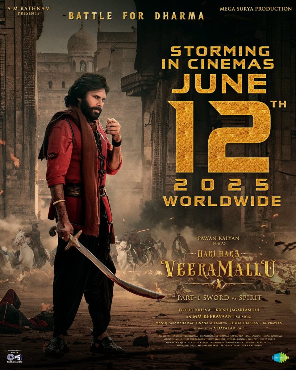 ModalAnil's tweet photo. GET READY FOR THE BATTLE OF A LIFETIME! ⚔️🏹

Mark your calendars for #HariHaraVeeraMallu on June 12, 2025! 💥 💥

The battle for Dharma begins... 🔥⚔️ 

#HHVMonJune12th #VeeraMallu #DharmaBattle #HHVM

Powerstar @PawanKalyan https://t.co/yAA2BZrmxf