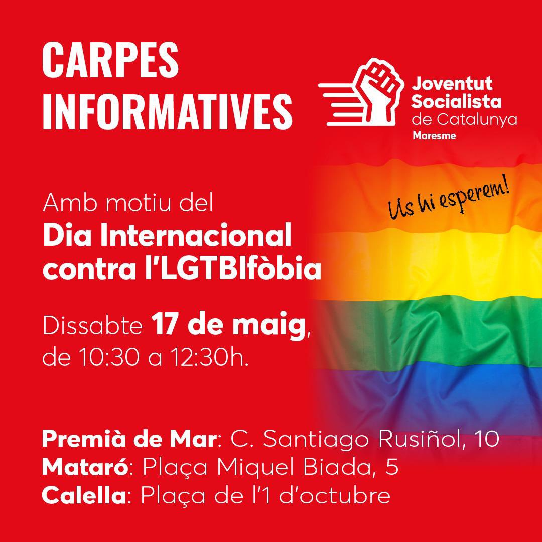 El pròxim dissabte, 17 de maig, diem PROU a l’LGTBI-fòbia!

📍 Vine a les nostres carpes informatives a Premià de Mar, Mataró i Calella.

📣 T’esperem per sumar veus i defensar la diversitat! 🏳️‍🌈