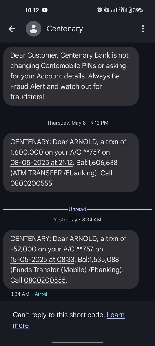 Arnold6196's tweet photo. @CentenaryBank I was charged 19,550 to send mobile money of 52,000 through Cente mobile...
Isn't this broad day robbery??? https://t.co/6lJT5YFOsl