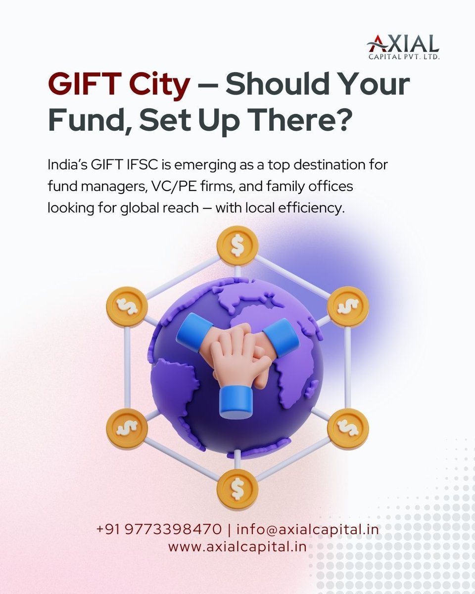 AxialCapital1's tweet photo. Thinking of setting up in GIFT City?
✔️ Tax-free on capital gains
✔️ Offshore investor access
✔️ No GST on mgmt fees
✔️ SEBI/RBI/IFSCA support
GIFT is India’s global play — but structuring matters.
📩 Axial Capital can guide you.
#GIFTCity #VC #AIF #FundManagement #TaxPlanning https://t.co/wOBRsCCRV7