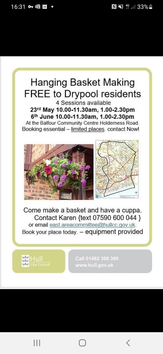 Hull CC Tenant Participation Team (@hcctpt) on Twitter photo Its free Hanging Basket Making season in the Drypool Area, 4 sessions available at the Balfour Community Centre, but spaces are limited. If you want to join in, book a place now. <a href="/HCCEastArea/">East Hull Area Committee</a> Its free Hanging Basket Making season in the Drypool Area, 4 sessions available at the Balfour Community Centre, but spaces are limited. If you want to join in, book a place now. <a href="/HCCEastArea/">East Hull Area Committee</a>
