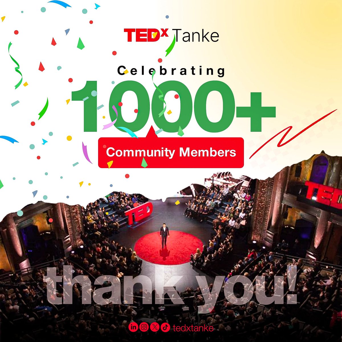 TEDxTanke's tweet photo. Yayyy, we are 1,000 Strong and Growing! ❤
Thank you for being part of the TEDxTanke journey and for believing in the power of ideas, innovation, and impact 🔥
#TEDxTanke #1KCommunity #IdeasWorthSpreading #ThankYou #TEDxTanke2025 #BeyondTheSurface #SomethingBigIsComing https://t.co/t5Jiy6g2h8