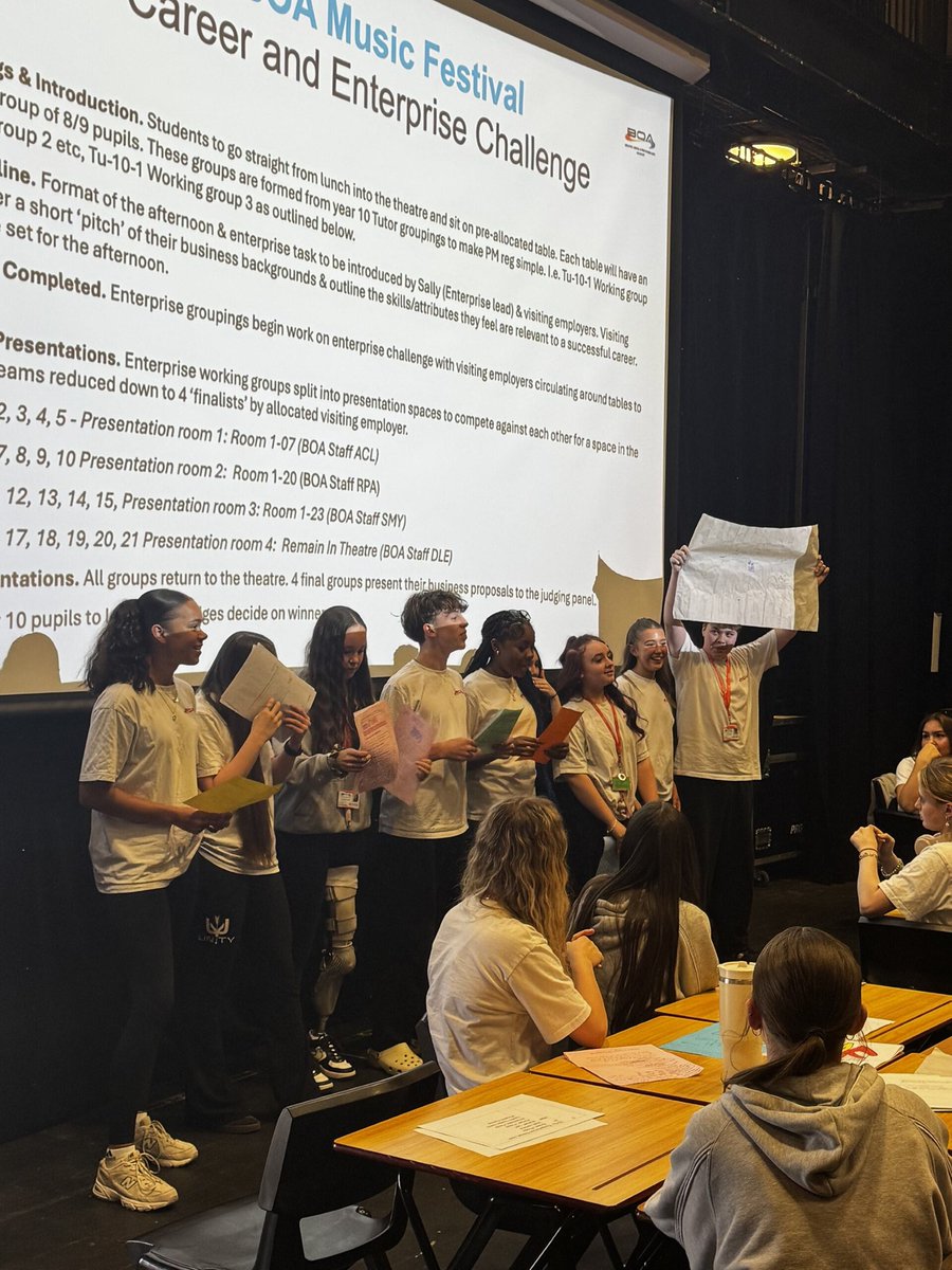 imagineBOA's tweet photo. Year 10 Business &amp; Enterprise day!

Monday marked our annual business and enterprise day. They spent the morning off-timetable working with industry professionals to research, plan and pitch an idea for a new music festival.

Thanks to SIPS Education. Well done to Year 10 👏 https://t.co/ueqcRdfqjF