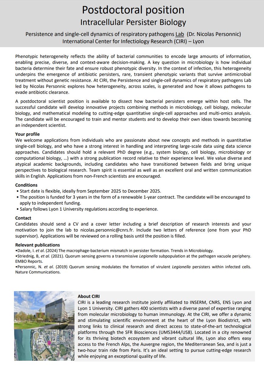 🚨 Postdoc Opportunity!

We're hiring a postdoctoral researcher to join our team working on Persister Biology! If you're passionate about new concepts and methods in quantitative single-cell biology, we want to hear from you! 🔬

ciri.ens-lyon.fr/teams/persist
