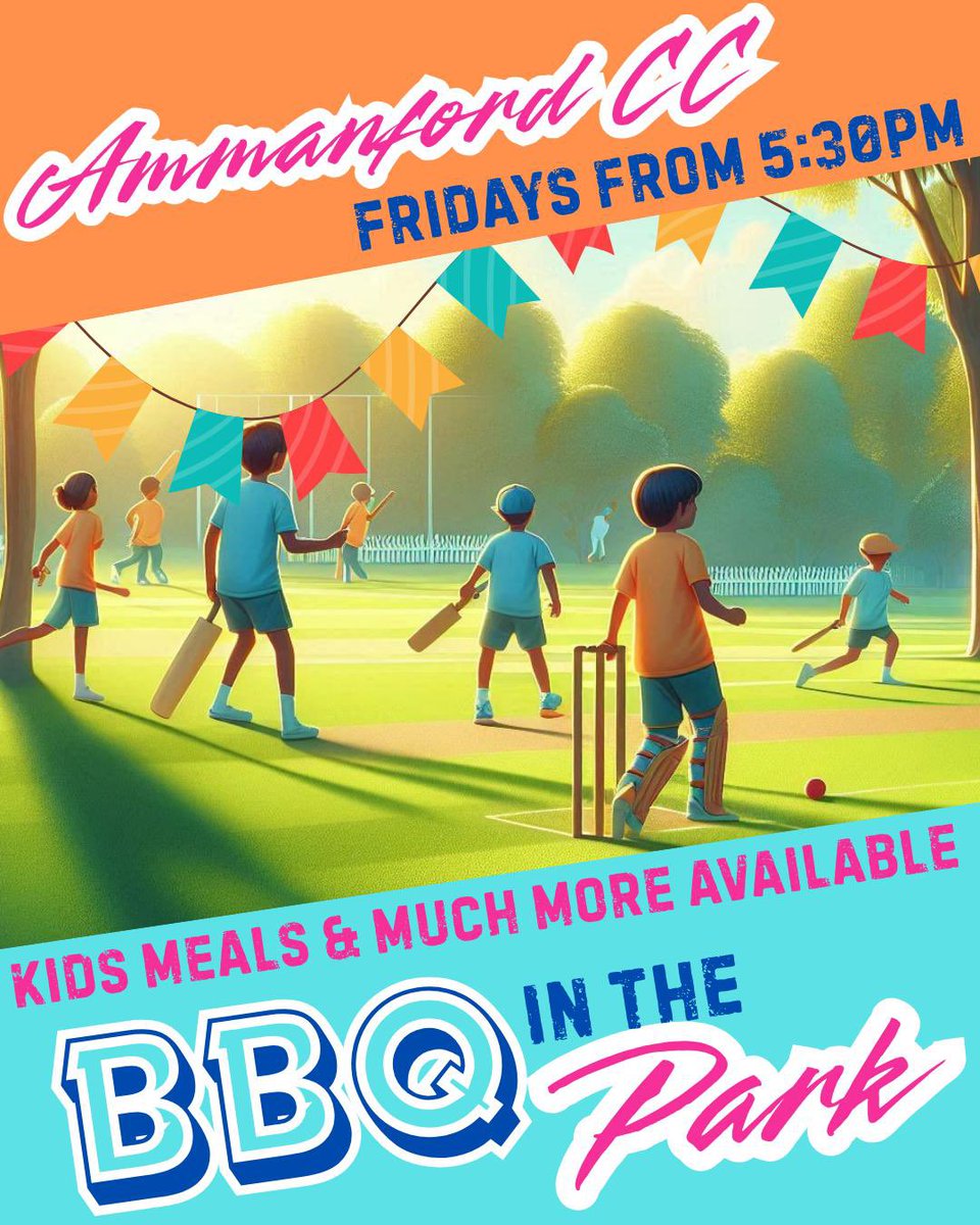 FRIDAYS ARE FIRING UP at Ammanford Cricket Club!
Join us from 5:30 PM every Friday for:
•Sizzling BBQ: Burgers, Hot Dogs, Nuggets &amp; Chips
•Drinks from the Bar
•Junior Cricket Action
•Family Fun in the Sun (we’re optimistic!)

@ The Park, Ammanford