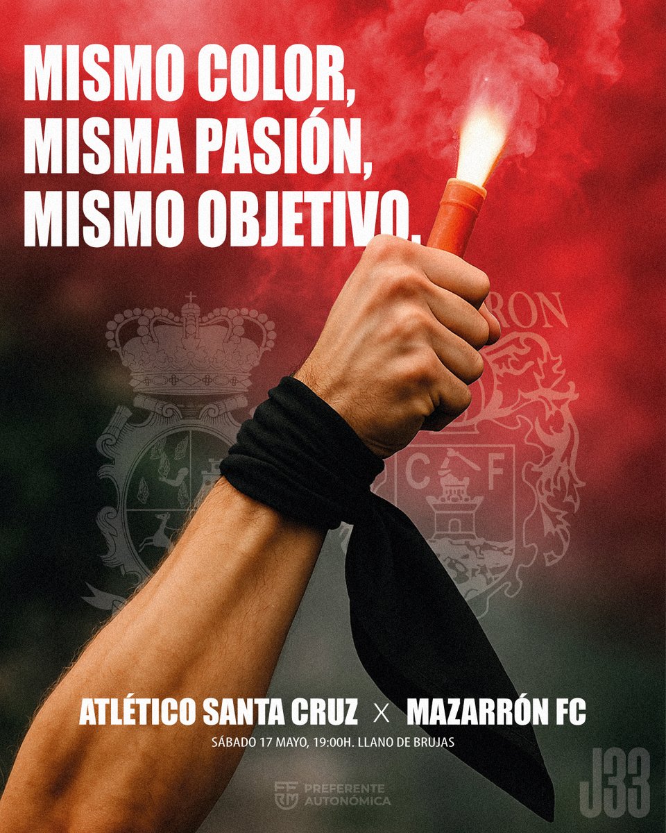𝐌𝐈𝐒𝐌𝐎 𝐂𝐎𝐋𝐎𝐑, 𝐌𝐈𝐒𝐌𝐀 𝐏𝐀𝐒𝐈𝐎𝐍, 𝐌𝐈𝐒𝐌𝐎 𝐎𝐁𝐉𝐄𝐓𝐈𝐕𝐎.

🔥 Mañana sábado 17 de mayo a las 19:00H. en Llano de Brujas 🆚 <a href="/MazarronFC/">Mazarrón Fútbol Club</a> 

La espera merecerá la pena ¡𝑸𝑼𝑬 𝑩𝑶𝑻𝑬 𝑬𝑳 𝑴𝑼𝑵𝑰𝑪𝑰𝑷𝑨𝑳! 👏

#SantaCruzMazarron | #SomosSantaCruz 🔴⚫
