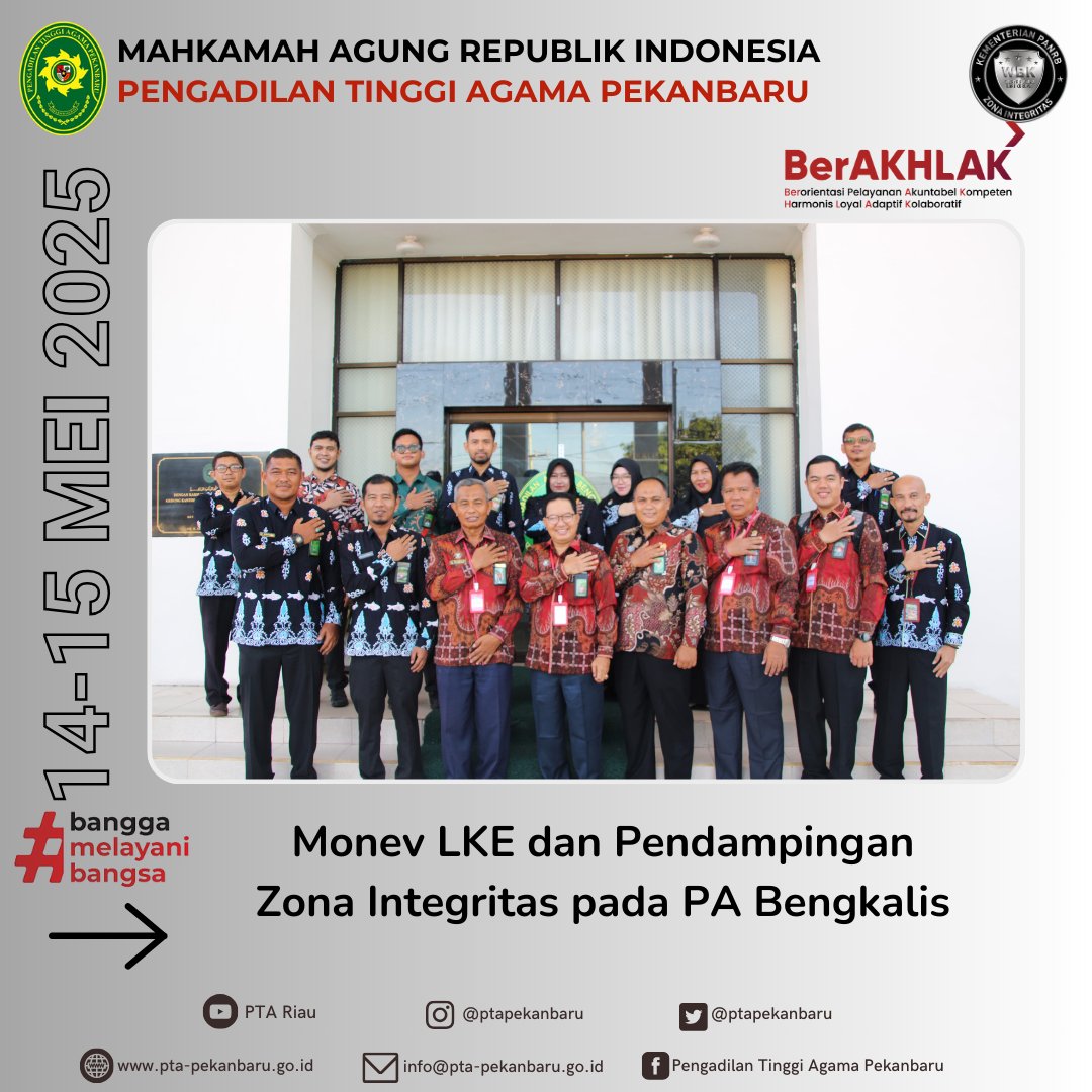 Bengkalis, 14-15 Mei 2025

Tim Pengadilan Tinggi Agama Pekanbaru laksanakan monitoring evaluasi LKE dan pendampingan Zona Integritas di Pengadilan Agama Bengkalis.