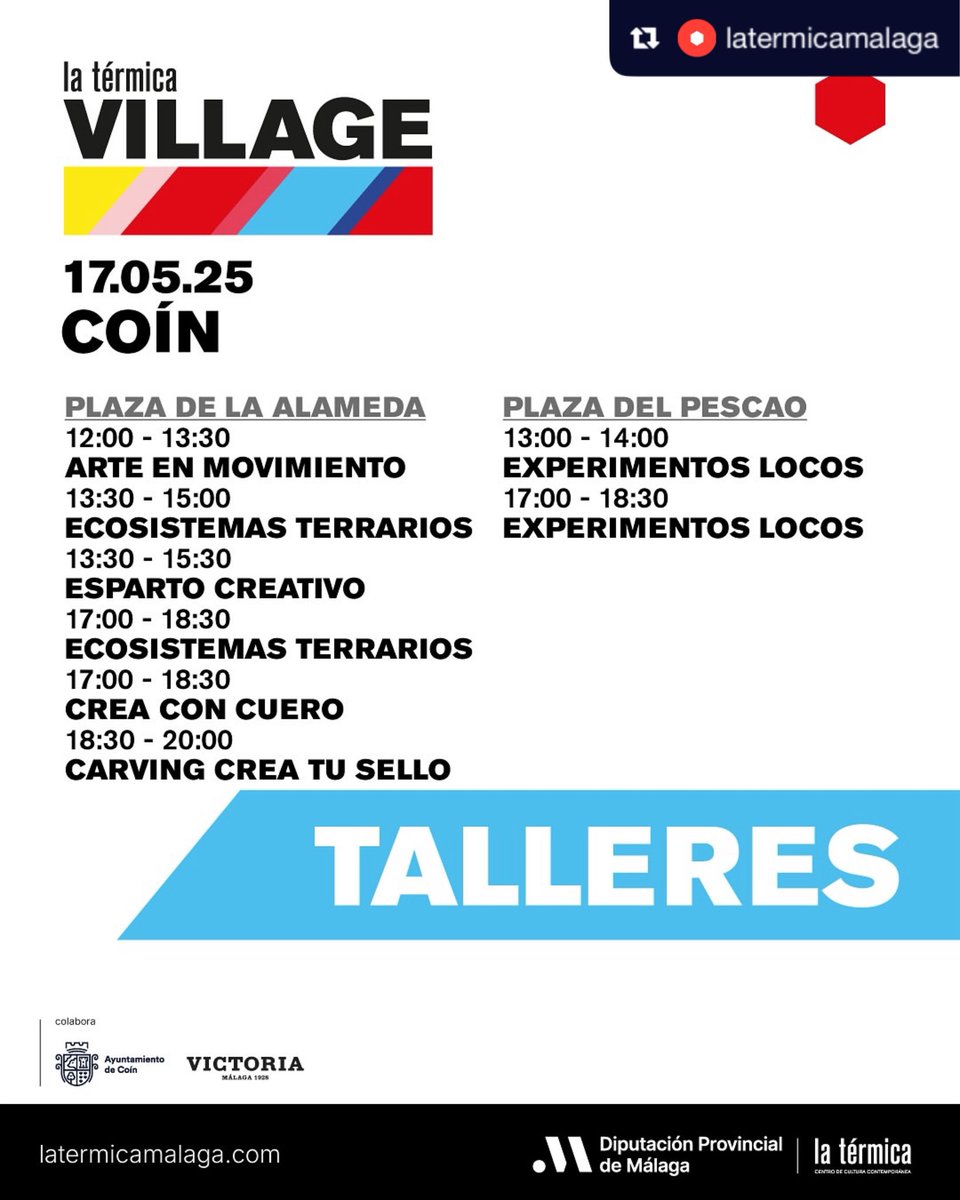 mimediacole's tweet photo. 🎉¡VILLAGE @latermicamalaga  @AytoCoin❗️

🎸Conciertos, 🙌talleres, 🎧🎶DJs, 🍔foodtrucks y más, repartidos por toda la ciudad. 

⚗️EXPERIMENTOS LOCOS
🗓️Sábado 17 de mayo
🕞13:00-14:00 y 17:00-18:30
📍Plaza del Pescado, Coín
➕info👉 https://t.co/JeQdI0N9rW https://t.co/WczhKCsCI1